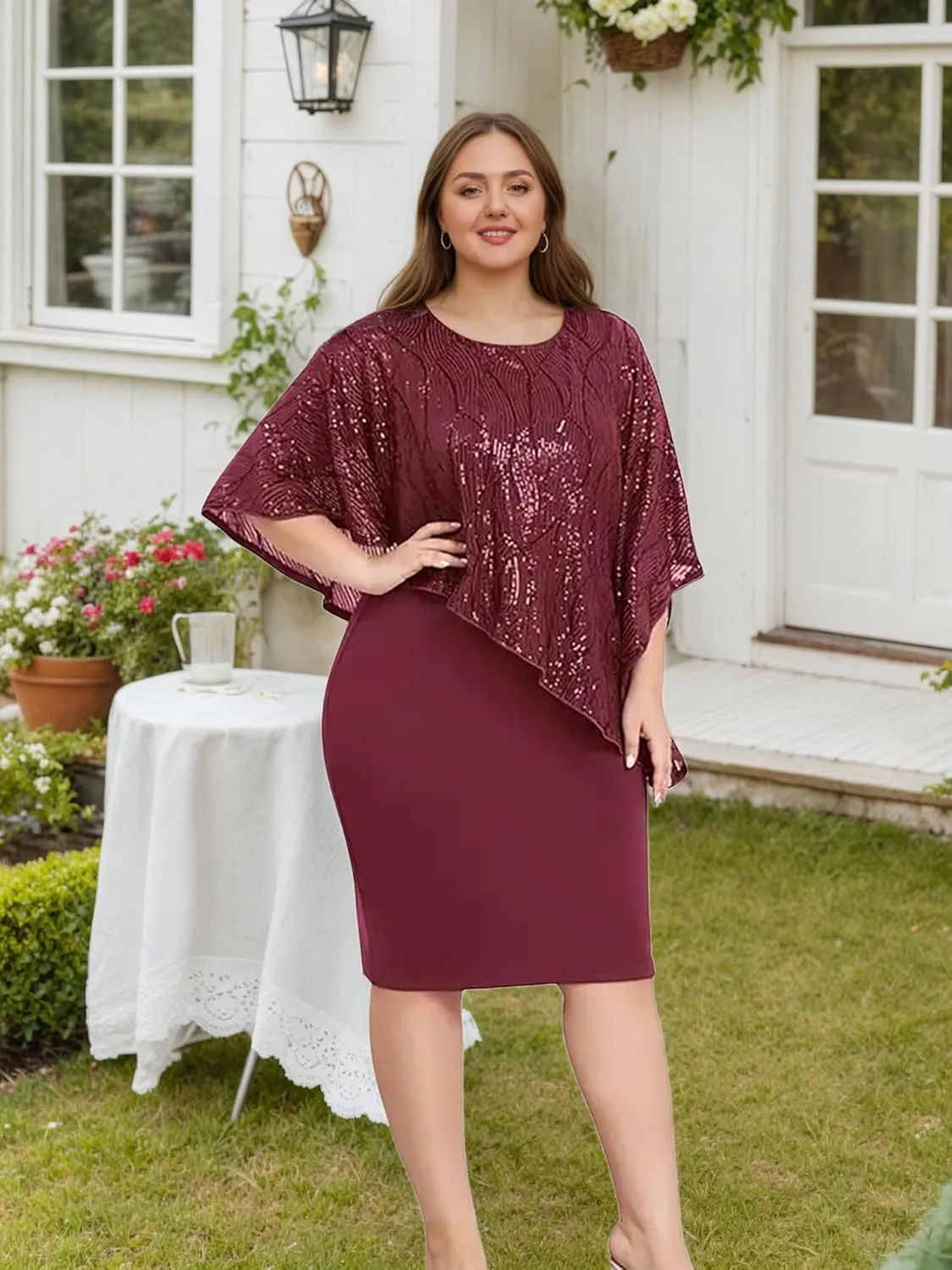 Plus Size Sequins Wedding Guest Dress for Curvy Women - Sparkly Prom Dress Evening Cocktail Midi Dress Half Sleeve