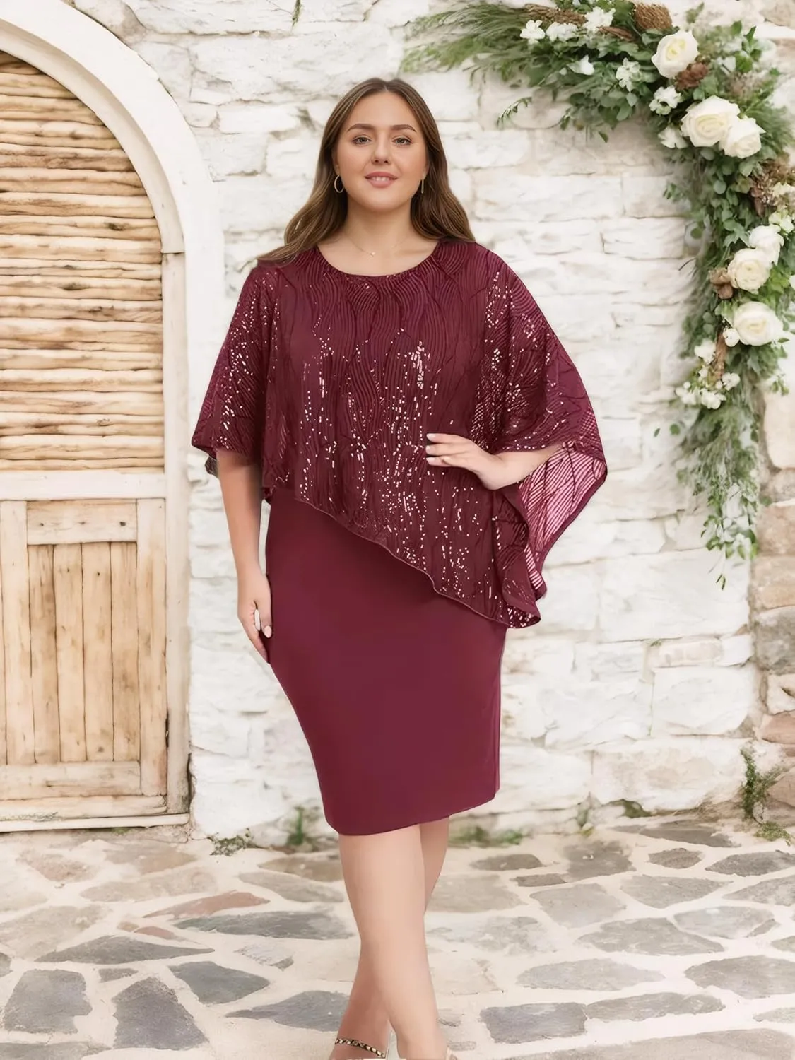 Plus Size Sequins Wedding Guest Dress for Curvy Women - Sparkly Prom Dress Evening Cocktail Midi Dress Half Sleeve
