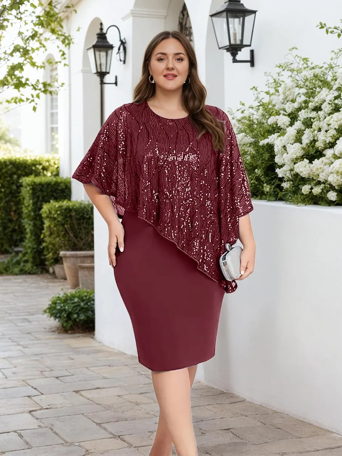 Plus Size Sequins Wedding Guest Dress for Curvy Women - Sparkly Prom Dress Evening Cocktail Midi Dress Half Sleeve