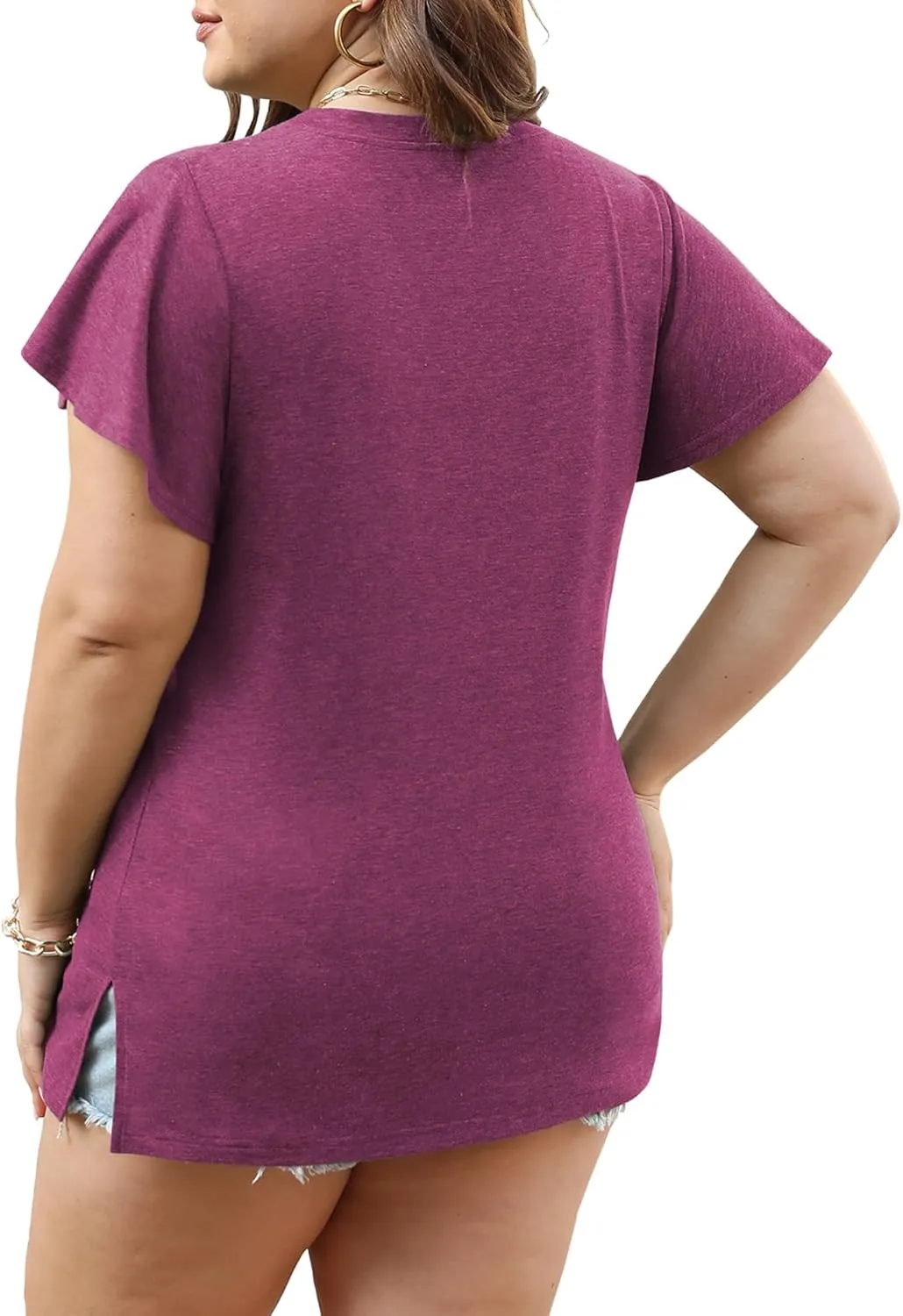 Plus Size Tops for Women Summer Casual V Neck T Shirts Short Ruffle Sleeve Tshirts Loose Fit Tunics Blouses