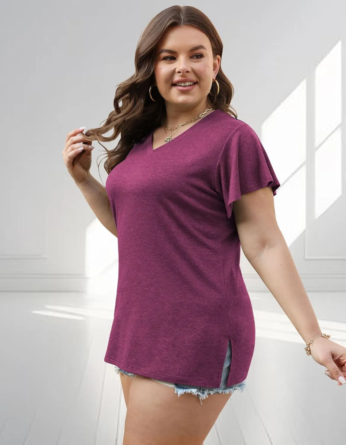 Plus Size Tops for Women Summer Casual V Neck T Shirts Short Ruffle Sleeve Tshirts Loose Fit Tunics Blouses