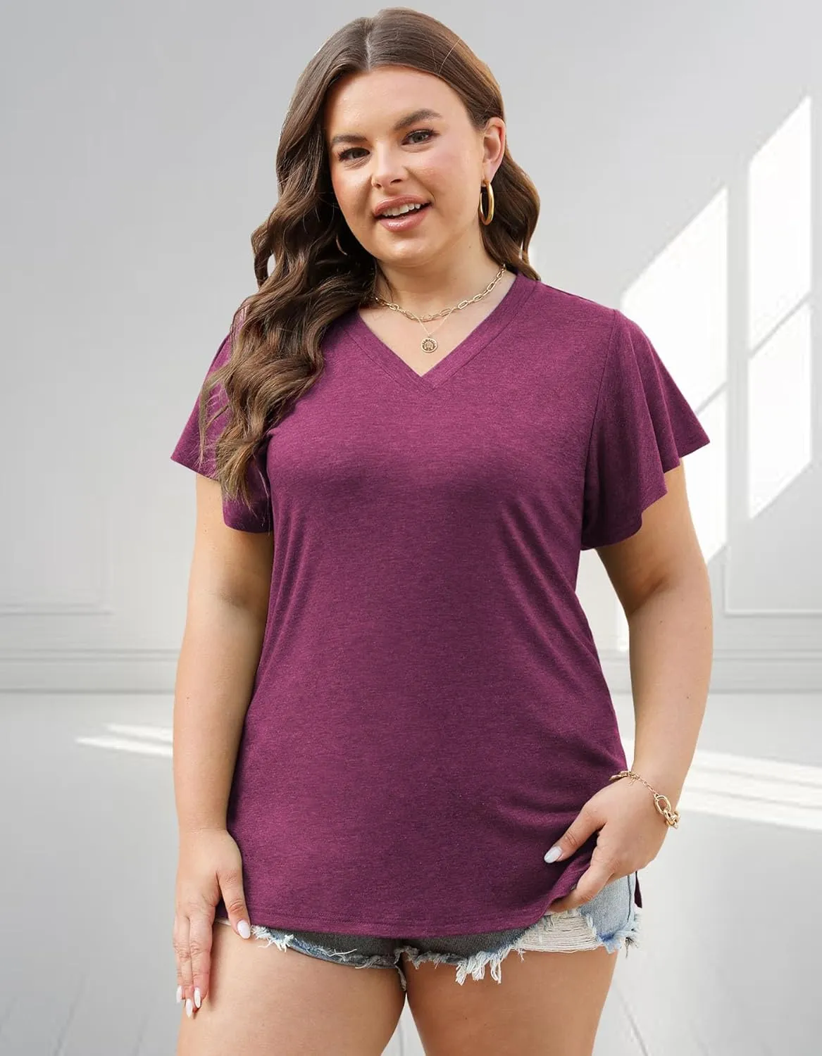 Plus Size Tops for Women Summer Casual V Neck T Shirts Short Ruffle Sleeve Tshirts Loose Fit Tunics Blouses