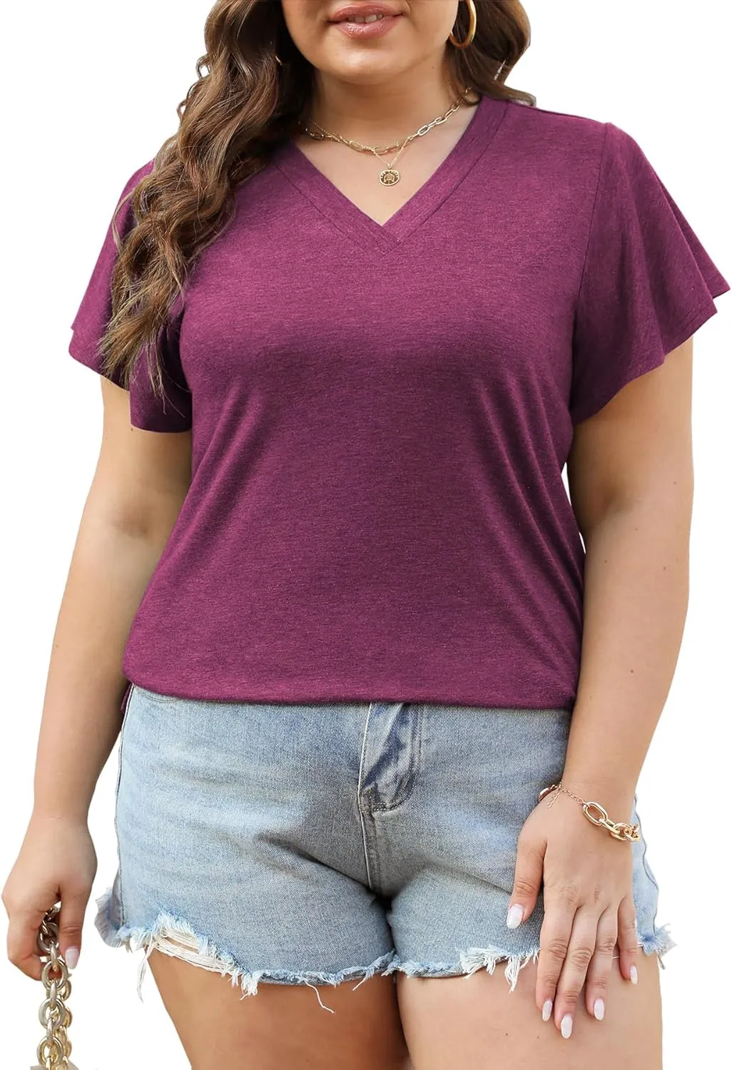Plus Size Tops for Women Summer Casual V Neck T Shirts Short Ruffle Sleeve Tshirts Loose Fit Tunics Blouses
