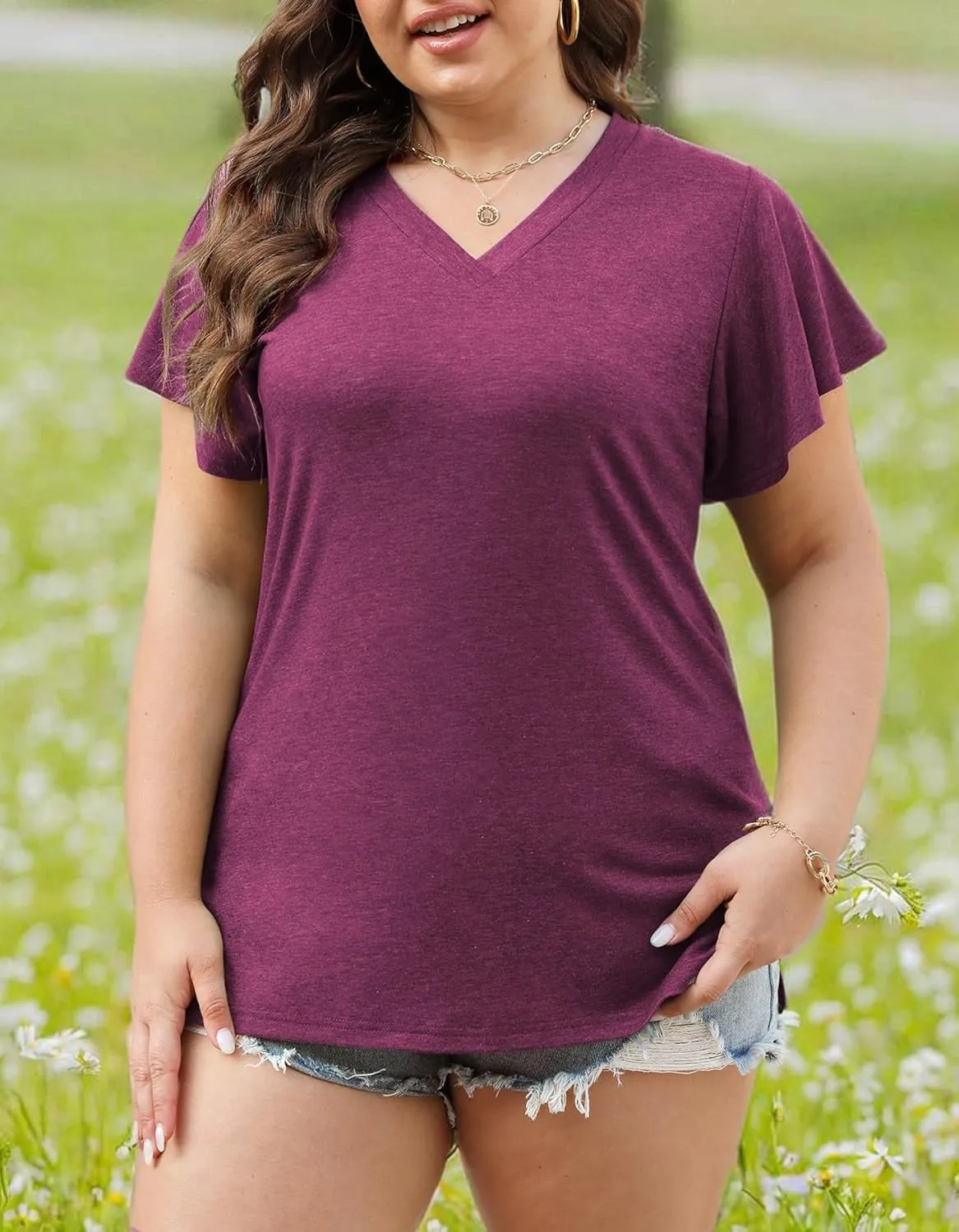 Plus Size Tops for Women Summer Casual V Neck T Shirts Short Ruffle Sleeve Tshirts Loose Fit Tunics Blouses