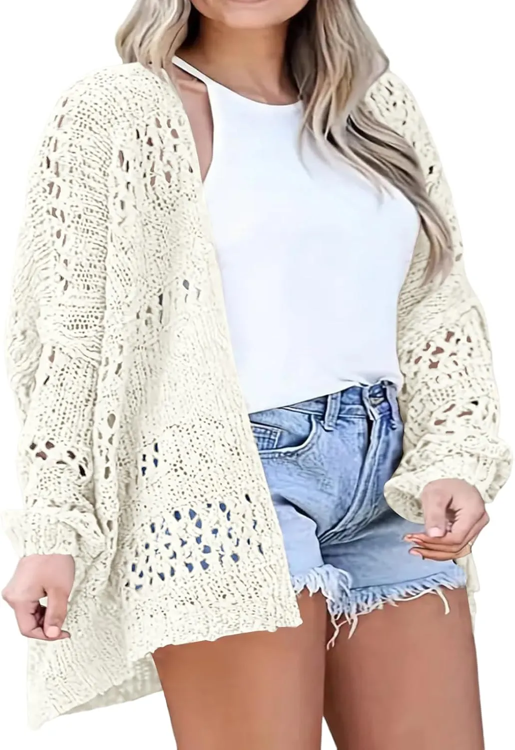 Plus Size Womens Crochet Cardigans Sweater Boho Long Sleeve Lightweight Oversized Open Front Loose Fit Knitted Tops
