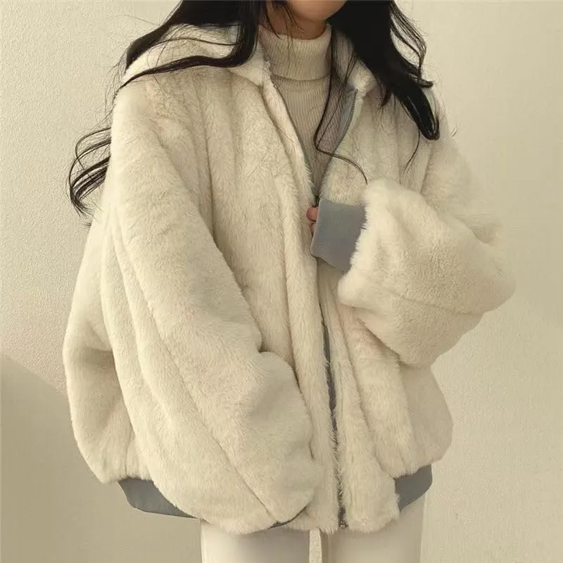 Pooyikoi Sherpa Jacket for Women Reversible Jacket Y2k Sherpa Zip Up Hoodie Fleece Fur Winter Coat Oversized Korean Clothes