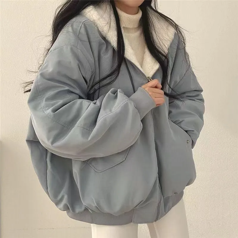 Pooyikoi Sherpa Jacket for Women Reversible Jacket Y2k Sherpa Zip Up Hoodie Fleece Fur Winter Coat Oversized Korean Clothes