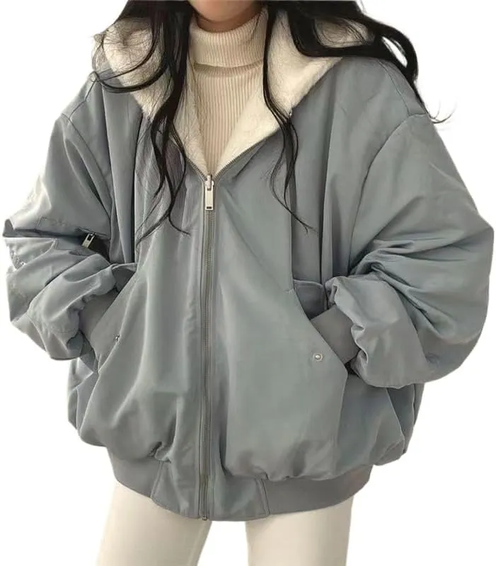 Pooyikoi Sherpa Jacket for Women Reversible Jacket Y2k Sherpa Zip Up Hoodie Fleece Fur Winter Coat Oversized Korean Clothes
