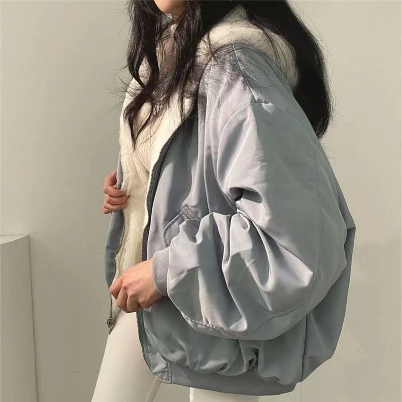 Pooyikoi Sherpa Jacket for Women Reversible Jacket Y2k Sherpa Zip Up Hoodie Fleece Fur Winter Coat Oversized Korean Clothes