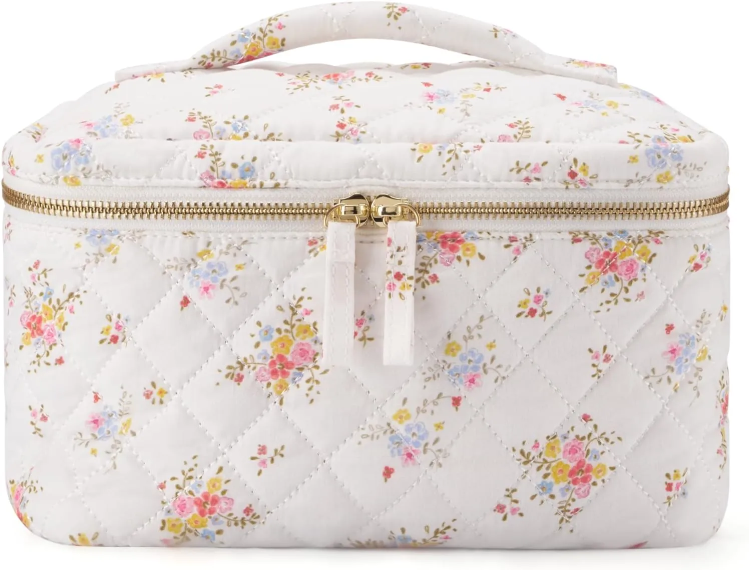 Popvibe Large Quilted Floral Makeup Bag, Cute White Flower Cotton Quilt Cosmetic Bag Women, Coquette Toiletry Pouch for Travel Essentials Bag, Extra Large Aesthetic Beauty Bag with Handle