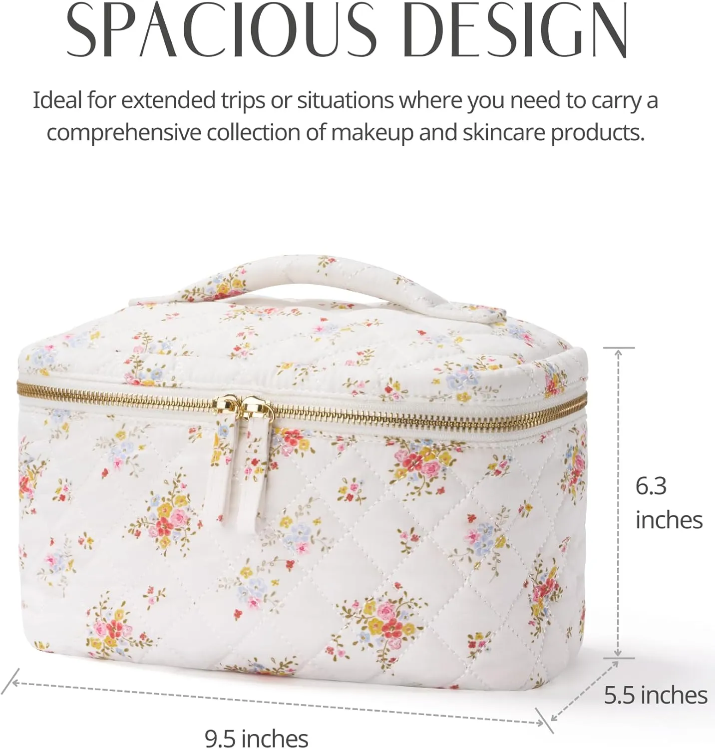 Popvibe Large Quilted Floral Makeup Bag, Cute White Flower Cotton Quilt Cosmetic Bag Women, Coquette Toiletry Pouch for Travel Essentials Bag, Extra Large Aesthetic Beauty Bag with Handle