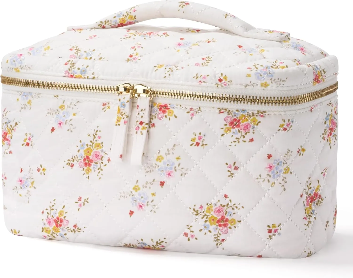 Popvibe Large Quilted Floral Makeup Bag, Cute White Flower Cotton Quilt Cosmetic Bag Women, Coquette Toiletry Pouch for Travel Essentials Bag, Extra Large Aesthetic Beauty Bag with Handle