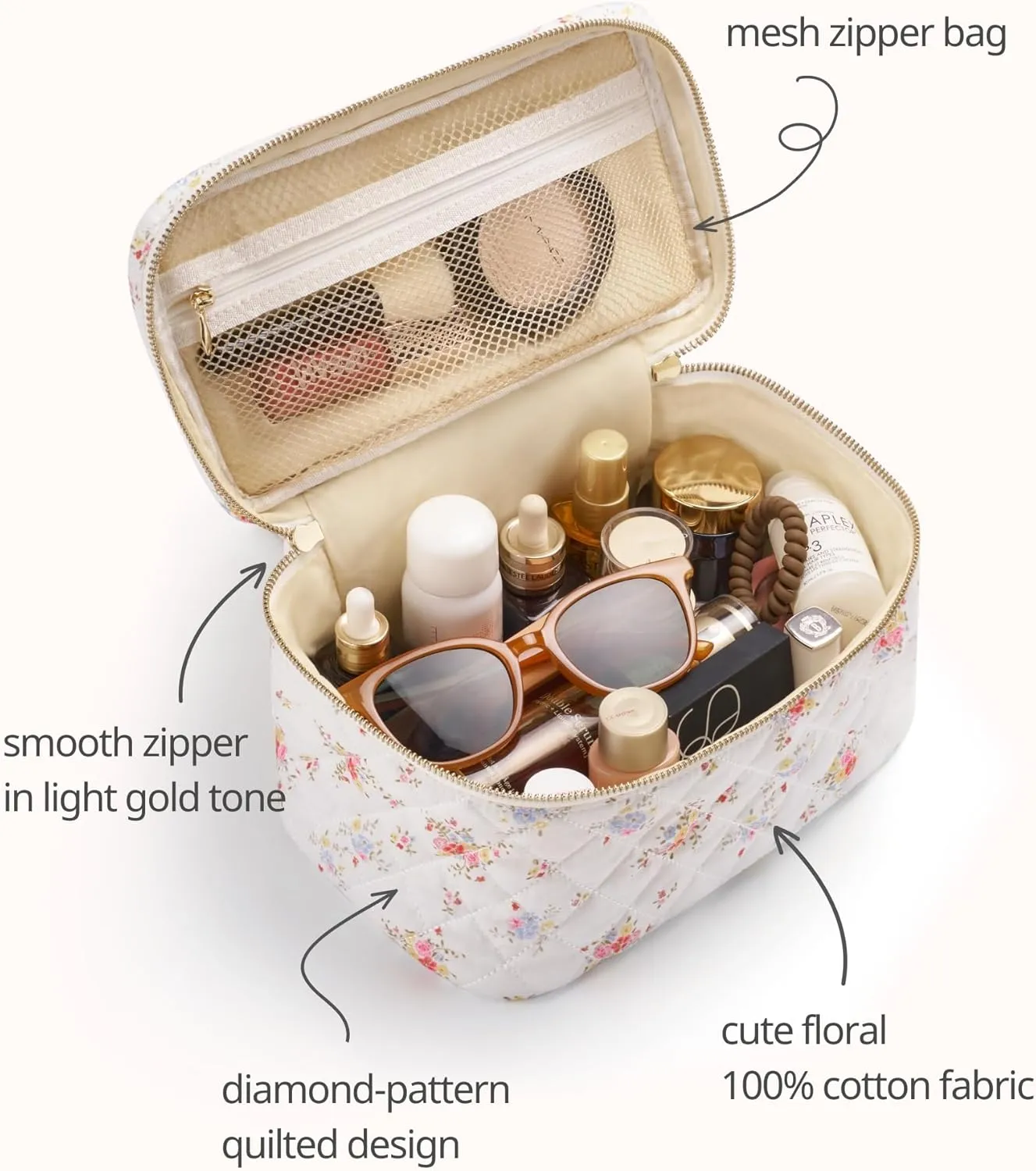 Popvibe Large Quilted Floral Makeup Bag, Cute White Flower Cotton Quilt Cosmetic Bag Women, Coquette Toiletry Pouch for Travel Essentials Bag, Extra Large Aesthetic Beauty Bag with Handle