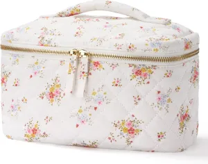 Popvibe Large Quilted Floral Makeup Bag, Cute White Flower Cotton Quilt Cosmetic Bag Women, Coquette Toiletry Pouch for Travel Essentials Bag, Extra Large Aesthetic Beauty Bag with Handle
