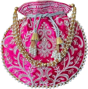 Potli Bag for Women Ethnic Gold, Pearl Handle Floral Accents, Drawstring Closure Pearls Handle Batwa Clutch Purse
