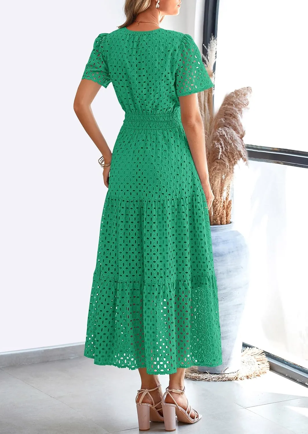 PRETTYGARDEN Womens 2025 Summer Maxi Dress Short Sleeve V Neck Hollow Out Eyelet A Line Long Flowy Beach Vacation Dresses