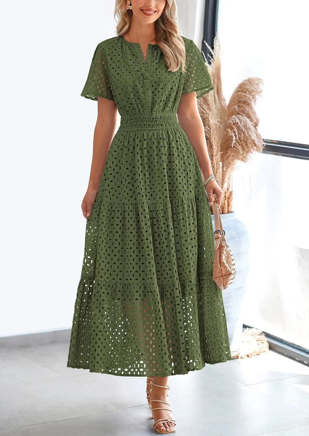 PRETTYGARDEN Womens 2025 Summer Maxi Dress Short Sleeve V Neck Hollow Out Eyelet A Line Long Flowy Beach Vacation Dresses