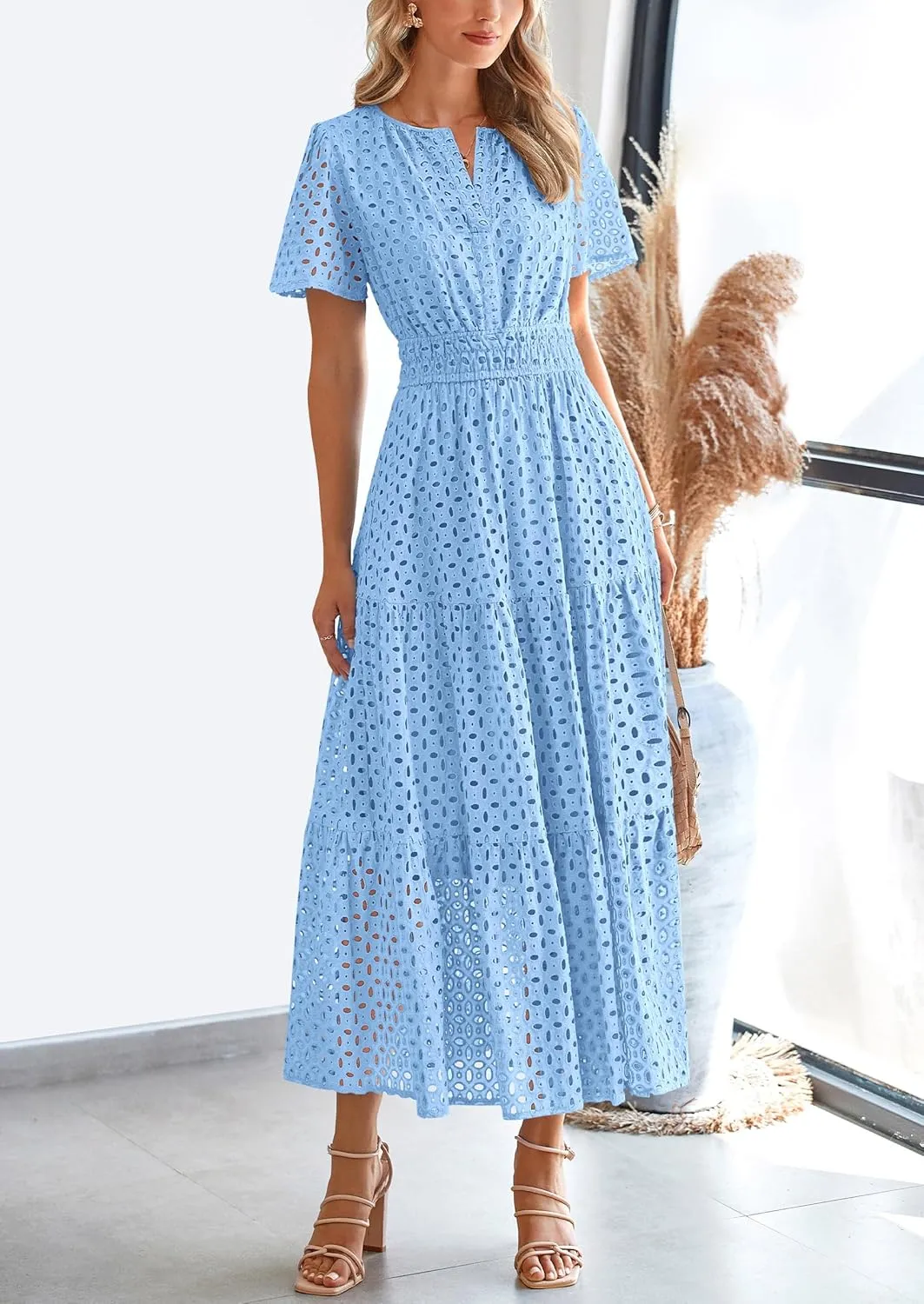 PRETTYGARDEN Womens 2025 Summer Maxi Dress Short Sleeve V Neck Hollow Out Eyelet A Line Long Flowy Beach Vacation Dresses