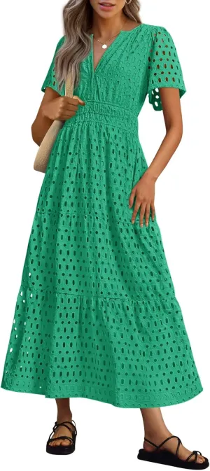 PRETTYGARDEN Womens 2025 Summer Maxi Dress Short Sleeve V Neck Hollow Out Eyelet A Line Long Flowy Beach Vacation Dresses