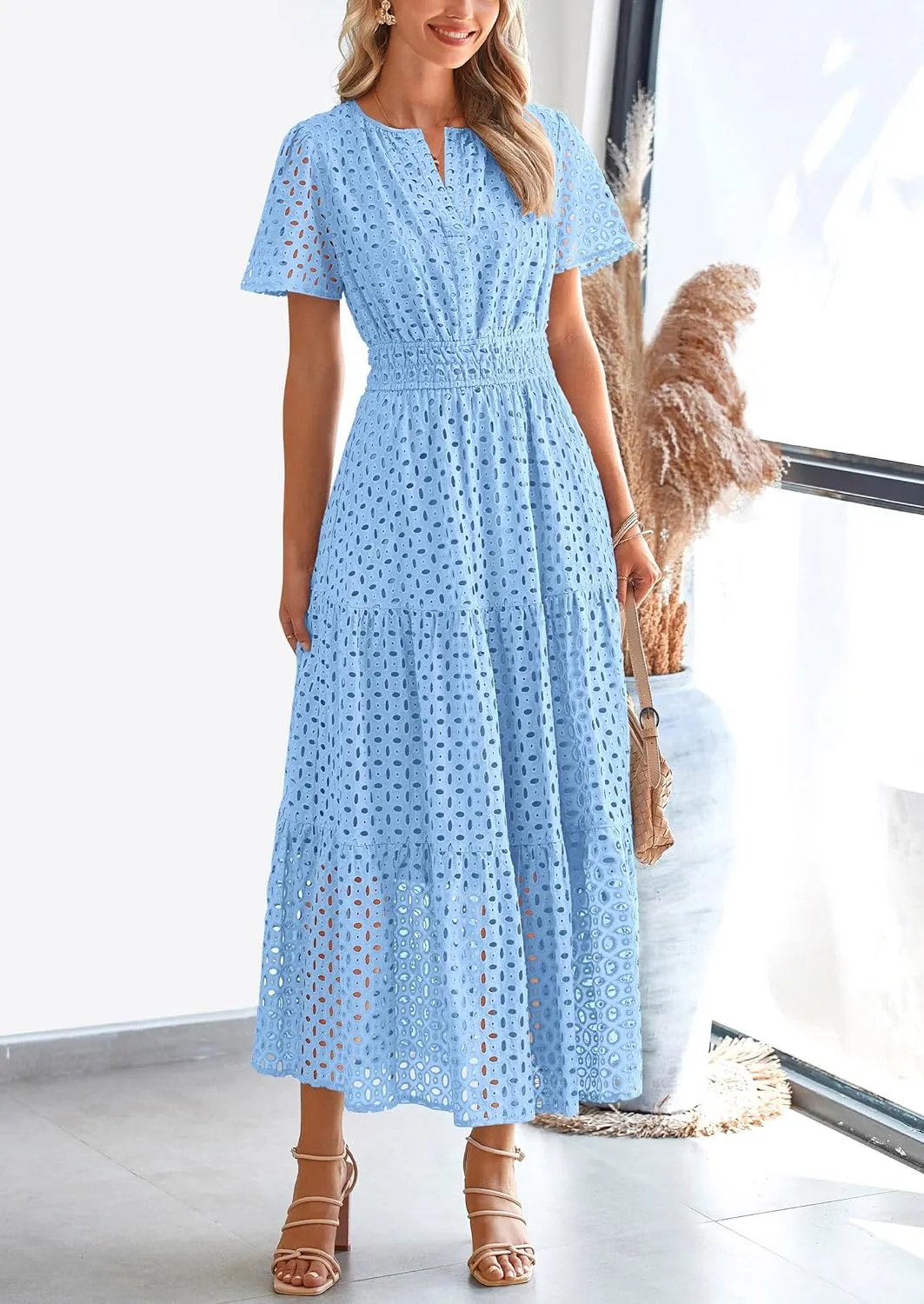 PRETTYGARDEN Womens 2025 Summer Maxi Dress Short Sleeve V Neck Hollow Out Eyelet A Line Long Flowy Beach Vacation Dresses