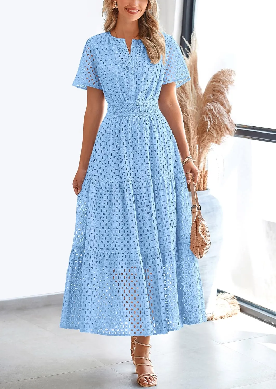 PRETTYGARDEN Womens 2025 Summer Maxi Dress Short Sleeve V Neck Hollow Out Eyelet A Line Long Flowy Beach Vacation Dresses