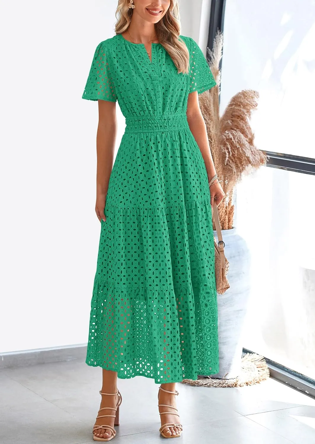 PRETTYGARDEN Womens 2025 Summer Maxi Dress Short Sleeve V Neck Hollow Out Eyelet A Line Long Flowy Beach Vacation Dresses