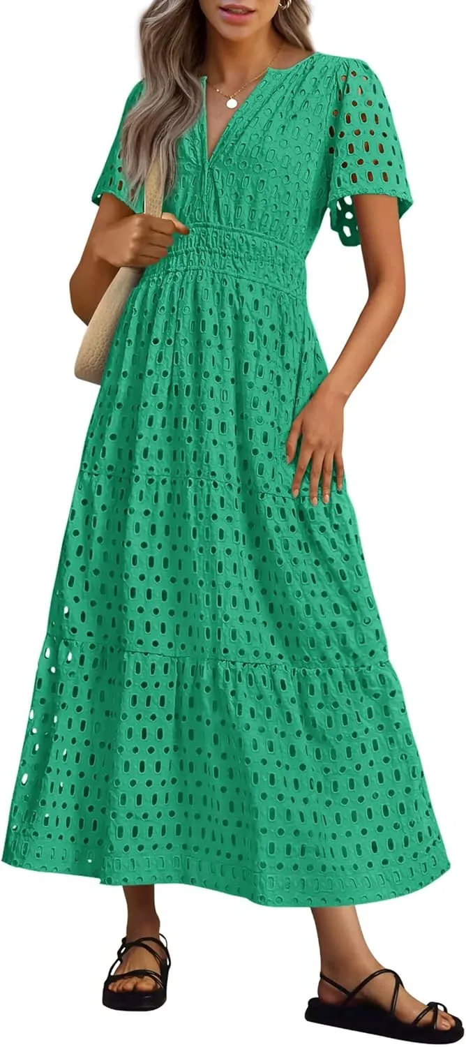 PRETTYGARDEN Womens 2025 Summer Maxi Dress Short Sleeve V Neck Hollow Out Eyelet A Line Long Flowy Beach Vacation Dresses