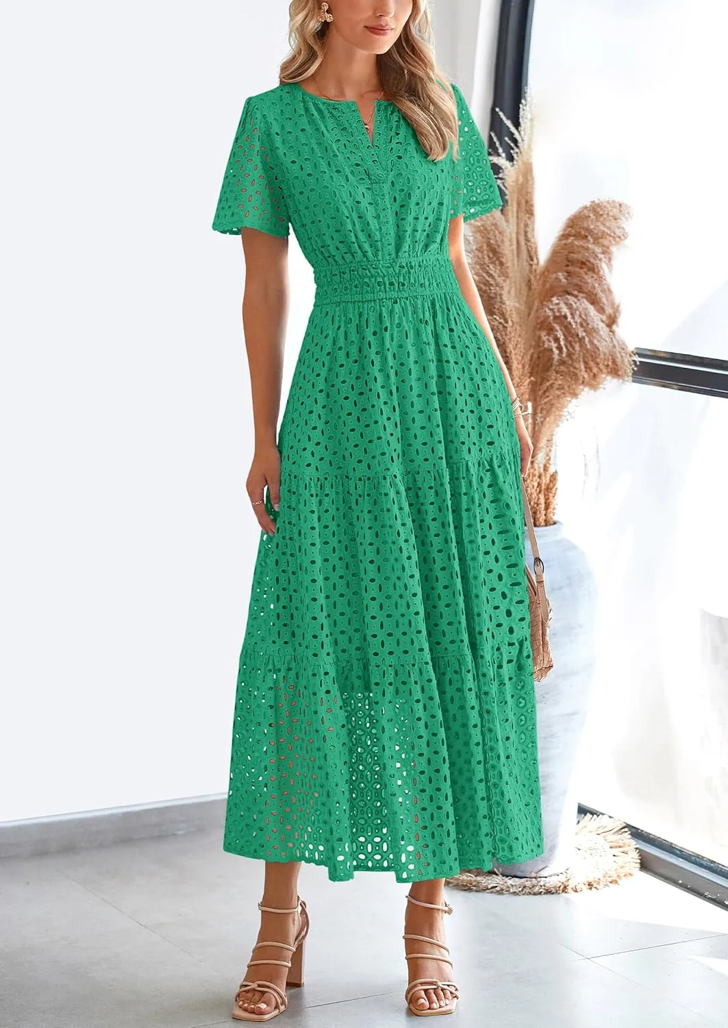 PRETTYGARDEN Womens 2025 Summer Maxi Dress Short Sleeve V Neck Hollow Out Eyelet A Line Long Flowy Beach Vacation Dresses