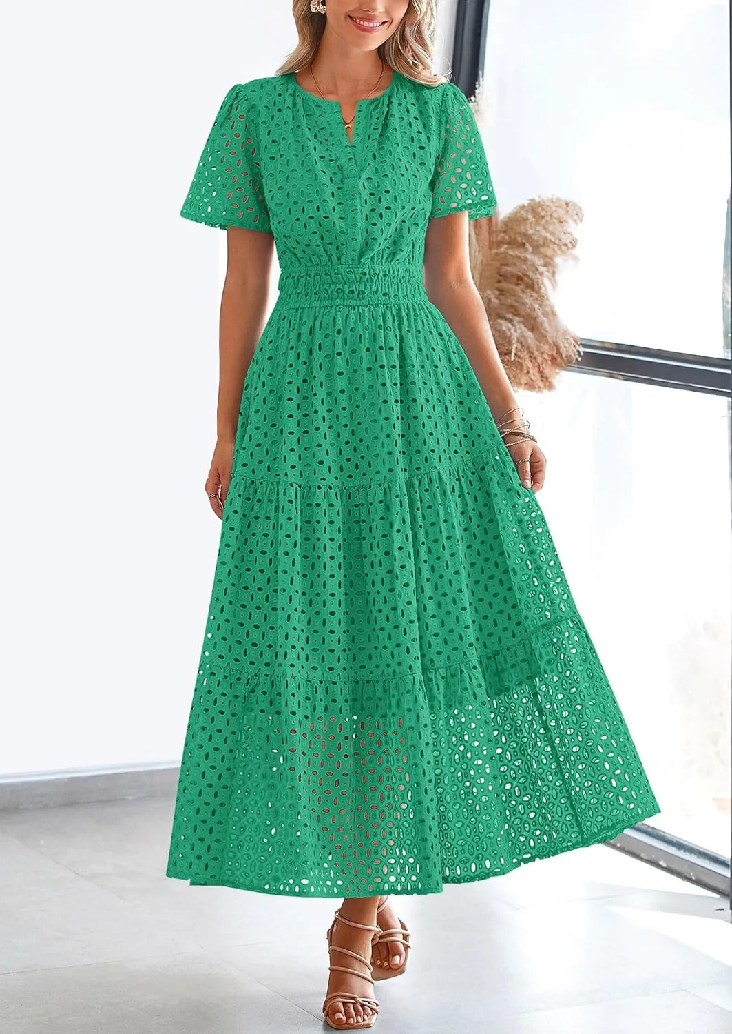 PRETTYGARDEN Womens 2025 Summer Maxi Dress Short Sleeve V Neck Hollow Out Eyelet A Line Long Flowy Beach Vacation Dresses