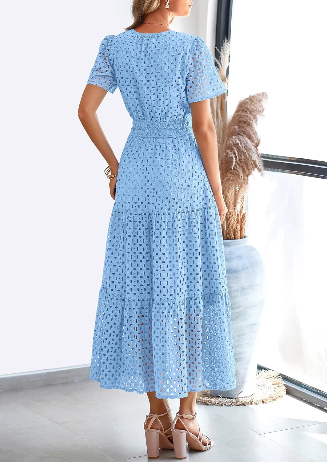 PRETTYGARDEN Womens 2025 Summer Maxi Dress Short Sleeve V Neck Hollow Out Eyelet A Line Long Flowy Beach Vacation Dresses
