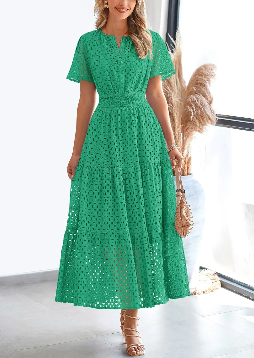 PRETTYGARDEN Womens 2025 Summer Maxi Dress Short Sleeve V Neck Hollow Out Eyelet A Line Long Flowy Beach Vacation Dresses