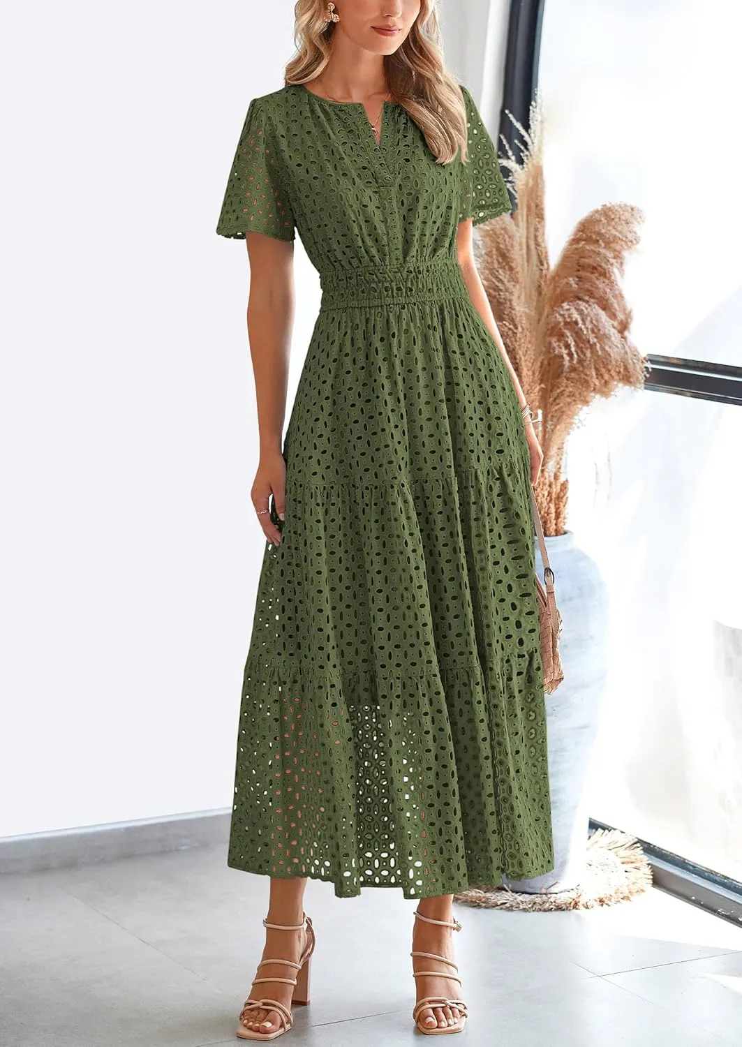 PRETTYGARDEN Womens 2025 Summer Maxi Dress Short Sleeve V Neck Hollow Out Eyelet A Line Long Flowy Beach Vacation Dresses