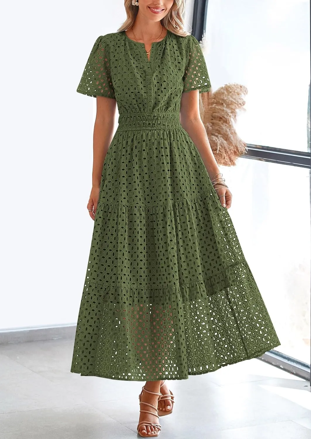 PRETTYGARDEN Womens 2025 Summer Maxi Dress Short Sleeve V Neck Hollow Out Eyelet A Line Long Flowy Beach Vacation Dresses