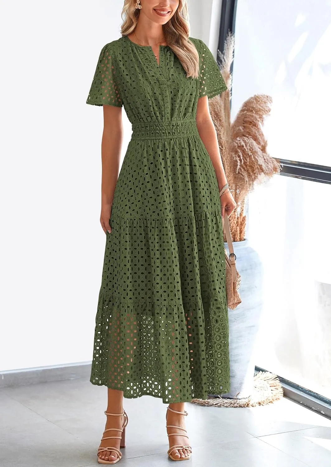 PRETTYGARDEN Womens 2025 Summer Maxi Dress Short Sleeve V Neck Hollow Out Eyelet A Line Long Flowy Beach Vacation Dresses