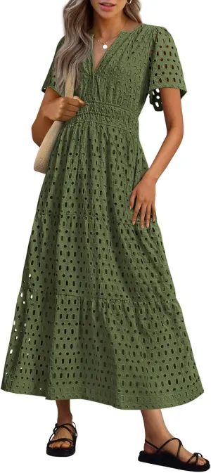 PRETTYGARDEN Womens 2025 Summer Maxi Dress Short Sleeve V Neck Hollow Out Eyelet A Line Long Flowy Beach Vacation Dresses