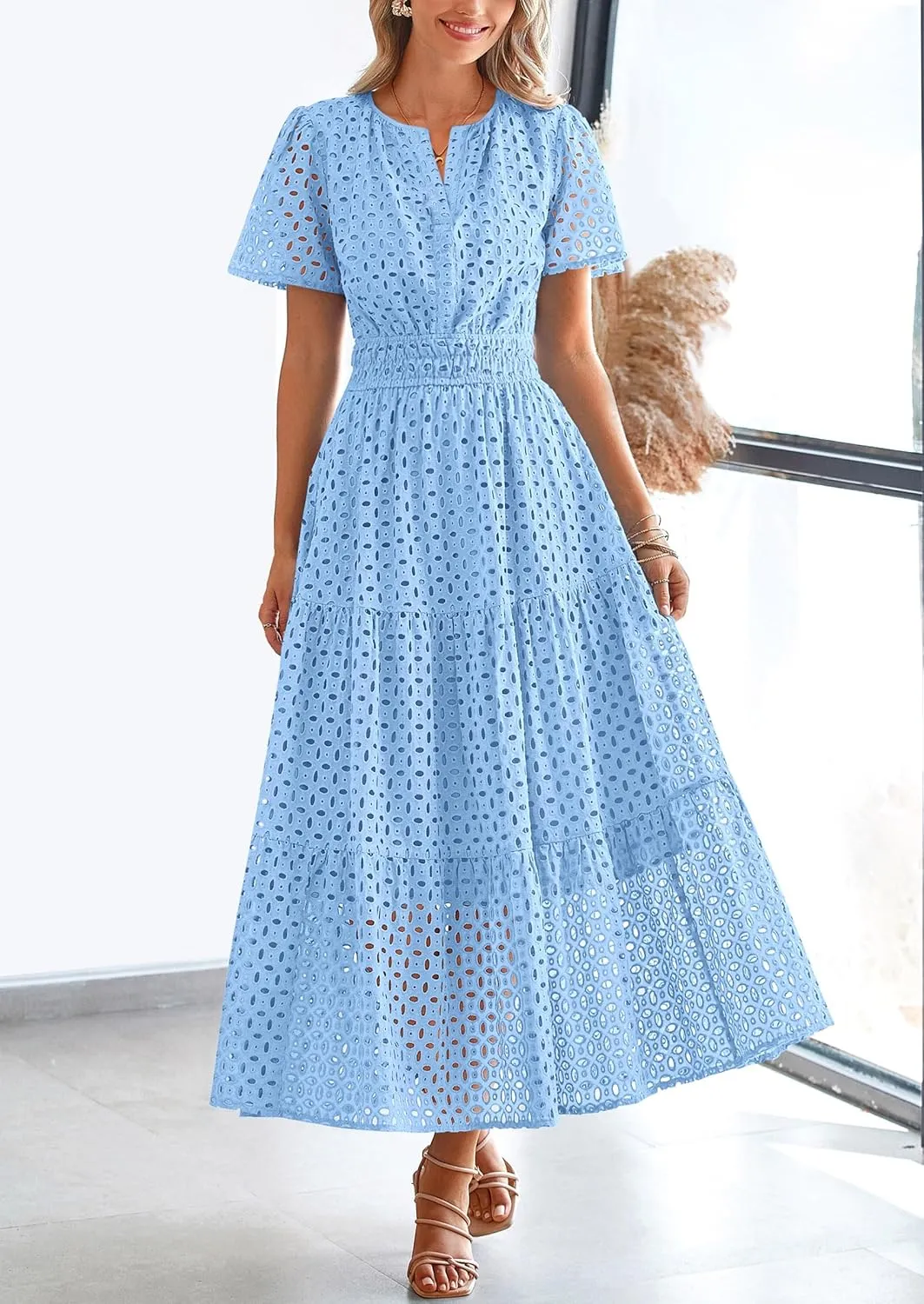 PRETTYGARDEN Womens 2025 Summer Maxi Dress Short Sleeve V Neck Hollow Out Eyelet A Line Long Flowy Beach Vacation Dresses