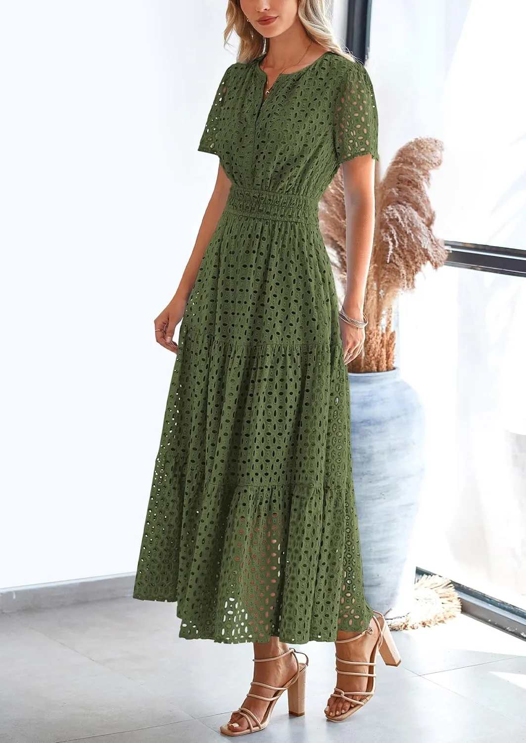 PRETTYGARDEN Womens 2025 Summer Maxi Dress Short Sleeve V Neck Hollow Out Eyelet A Line Long Flowy Beach Vacation Dresses