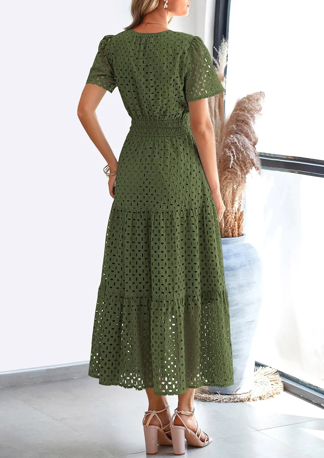 PRETTYGARDEN Womens 2025 Summer Maxi Dress Short Sleeve V Neck Hollow Out Eyelet A Line Long Flowy Beach Vacation Dresses