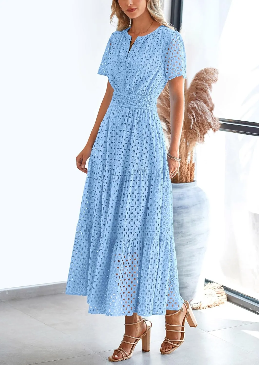 PRETTYGARDEN Womens 2025 Summer Maxi Dress Short Sleeve V Neck Hollow Out Eyelet A Line Long Flowy Beach Vacation Dresses