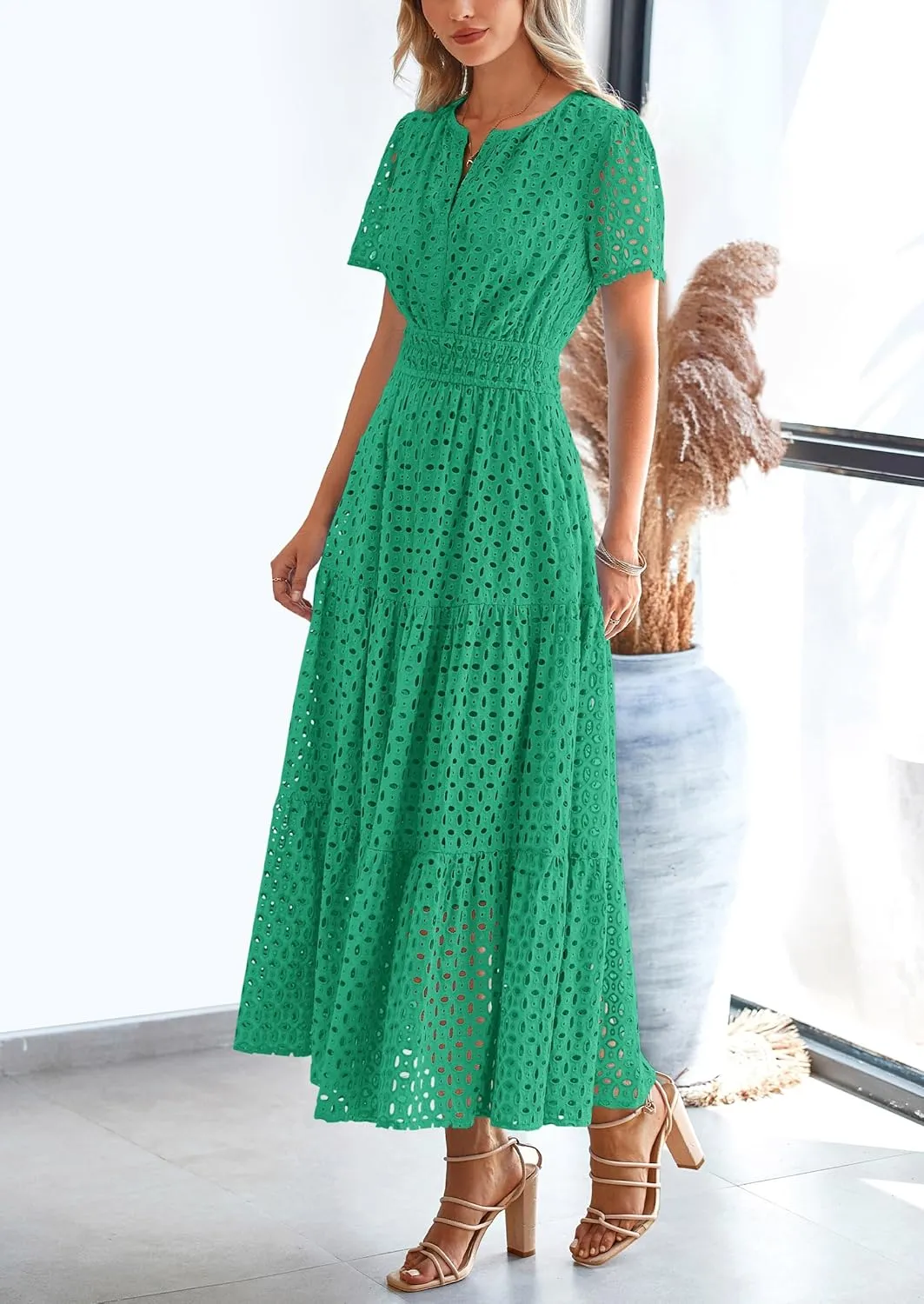 PRETTYGARDEN Womens 2025 Summer Maxi Dress Short Sleeve V Neck Hollow Out Eyelet A Line Long Flowy Beach Vacation Dresses