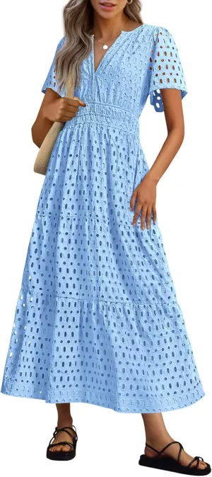 PRETTYGARDEN Womens 2025 Summer Maxi Dress Short Sleeve V Neck Hollow Out Eyelet A Line Long Flowy Beach Vacation Dresses