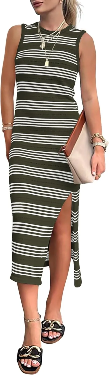 PRETTYGARDEN Women's Summer Bodycon Sundresses Casual Midi Sleeveless Hollow Out Knit Side Slit Striped Long Tank Dress