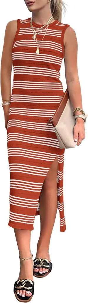 PRETTYGARDEN Women's Summer Bodycon Sundresses Casual Midi Sleeveless Hollow Out Knit Side Slit Striped Long Tank Dress