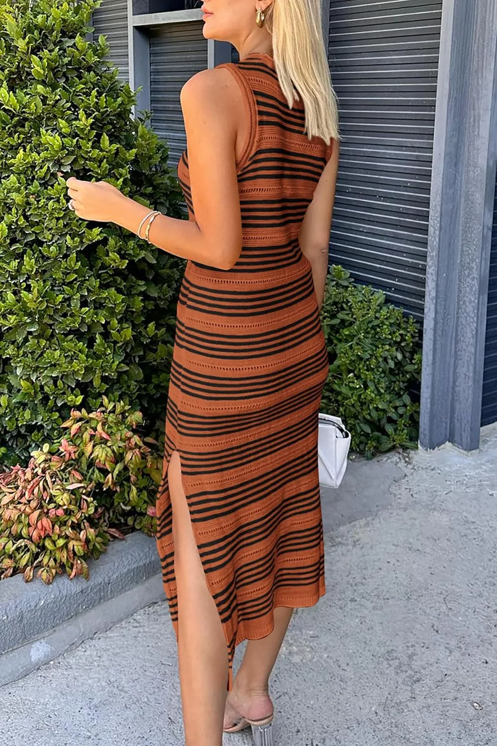 PRETTYGARDEN Women's Summer Bodycon Sundresses Casual Midi Sleeveless Hollow Out Knit Side Slit Striped Long Tank Dress
