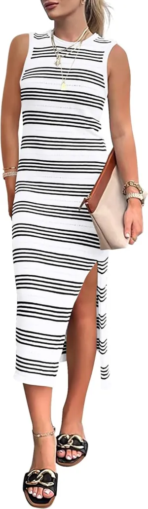 PRETTYGARDEN Women's Summer Bodycon Sundresses Casual Midi Sleeveless Hollow Out Knit Side Slit Striped Long Tank Dress