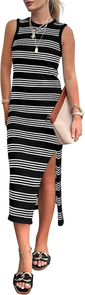 PRETTYGARDEN Women's Summer Bodycon Sundresses Casual Midi Sleeveless Hollow Out Knit Side Slit Striped Long Tank Dress