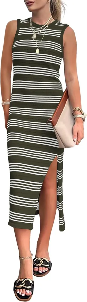 PRETTYGARDEN Women's Summer Bodycon Sundresses Casual Midi Sleeveless Hollow Out Knit Side Slit Striped Long Tank Dress