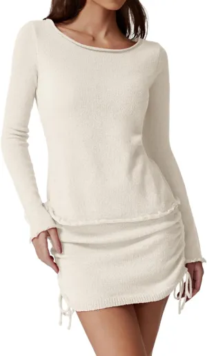 QINSEN Womens Crewneck Lettuce Hem Long Sleeve Knit Top with Drawsting Tie Skirt 2PCS Sweater Set