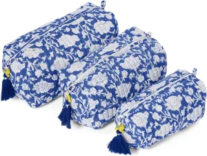Quilted Floral Makeup Bag Set  Blue Poppy Pattern 3 Sizes, Waterproof Lining, Make Up Travel Cosmetic & Toiletry Bags For Traveling Women
