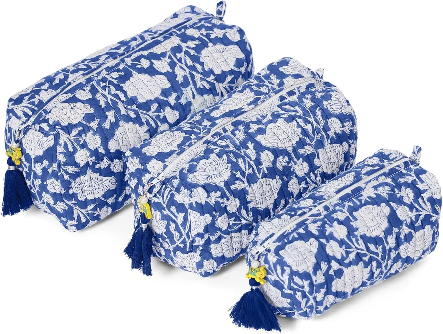 Quilted Floral Makeup Bag Set  Blue Poppy Pattern 3 Sizes, Waterproof Lining, Make Up Travel Cosmetic & Toiletry Bags For Traveling Women